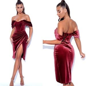 MISS CIRCLE OMARIA burgundy velvet off shoulder corset dress size large